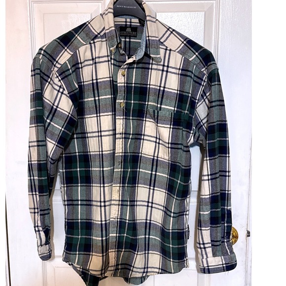 Structure Other - Structure Mens Large Green Blue Plaid Flannel Button Down Shirt Cotton Vintage